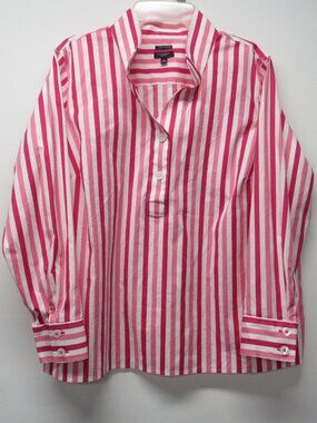 Talbots Non Iron Pink White Stripe Popover Top Shirt Blouse Petite Plus sz 1XP